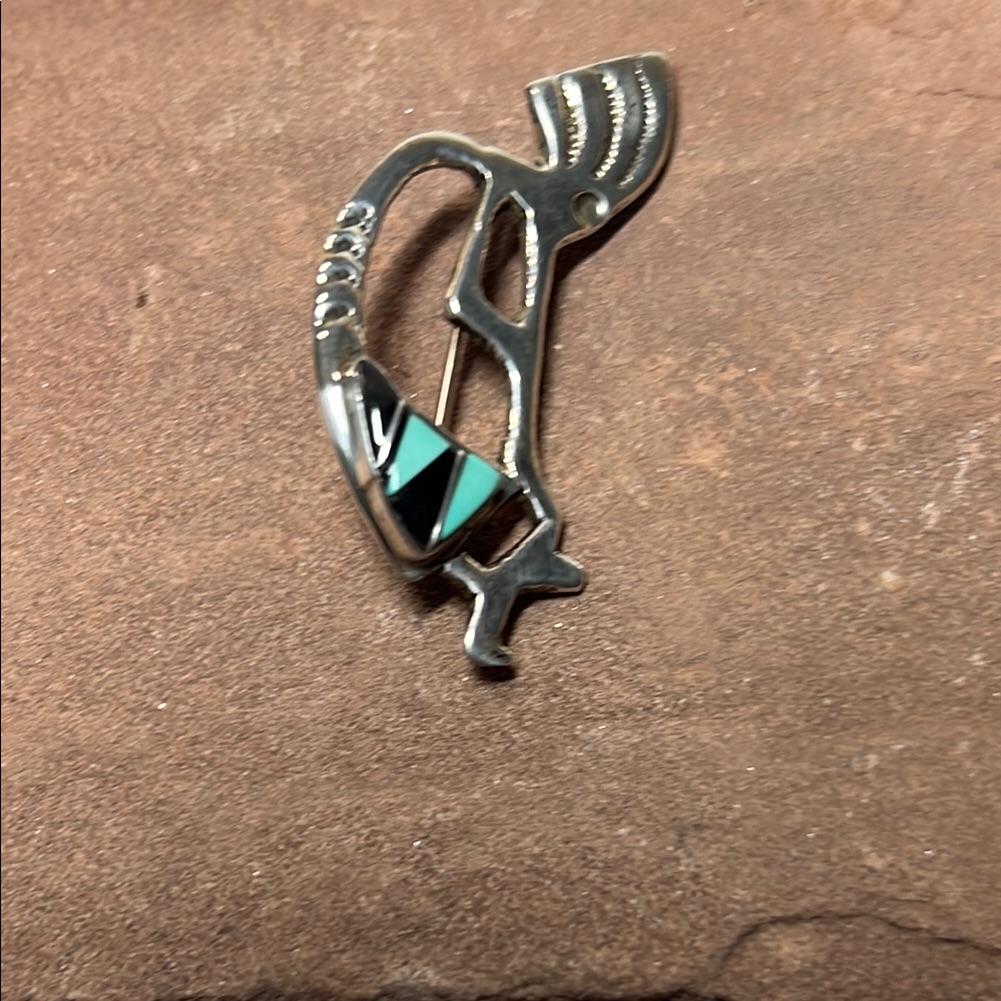 Vintage Silver Kokopelli Brooch With Turquoise And Black Inlay 40$